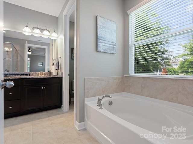 1305 Kings Grove Dr, York, SC 29745 - bathroom featuring plenty of natural light, a bath, vanity, and a stall shower
