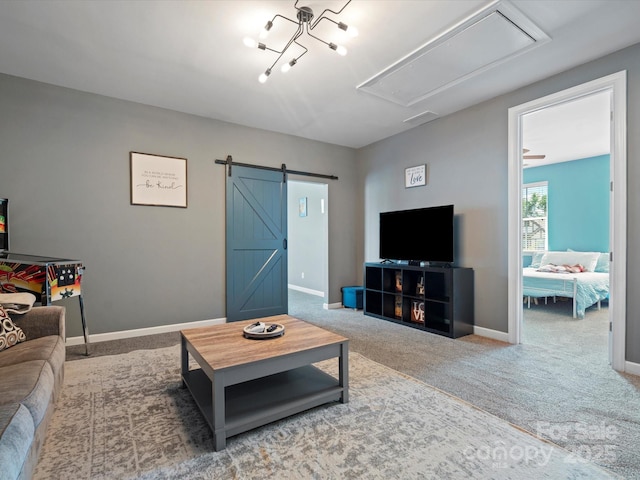 1305 Kings Grove Dr, York, SC 29745 - living room with attic access, carpet floors, baseboards, and a barn door