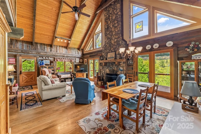 6338 W View Dr, Newland, NC 28657 - dining room featuring high vaulted ceiling, wooden ceiling, beamed ceiling, hardwood / wood-style floors, and a stone fireplace