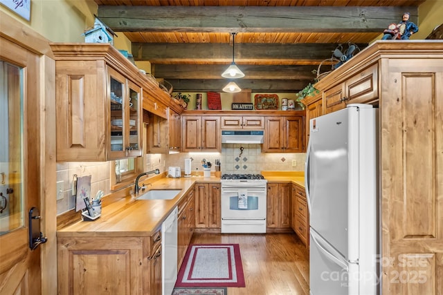 6338 W View Dr, Newland, NC 28657 - kitchen with white appliances, under cabinet range hood, a sink, dark wood-style flooring, and beam ceiling