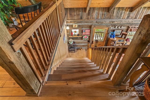 6338 W View Dr, Newland, NC 28657 - stairs featuring wooden walls, beam ceiling, and wood finished floors