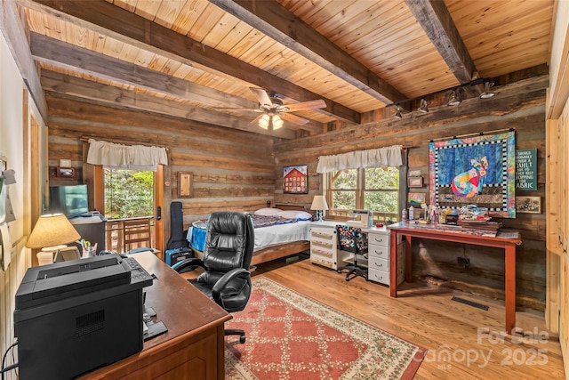 6338 W View Dr, Newland, NC 28657 - bedroom with a desk, multiple windows, beam ceiling, wood walls, and wood ceiling