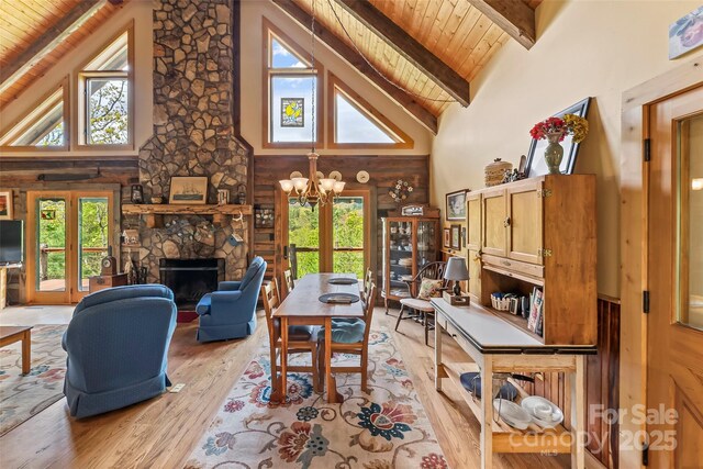 6338 W View Dr, Newland, NC 28657 - living room featuring wooden ceiling, high vaulted ceiling, light wood-type flooring, beamed ceiling, and a chandelier