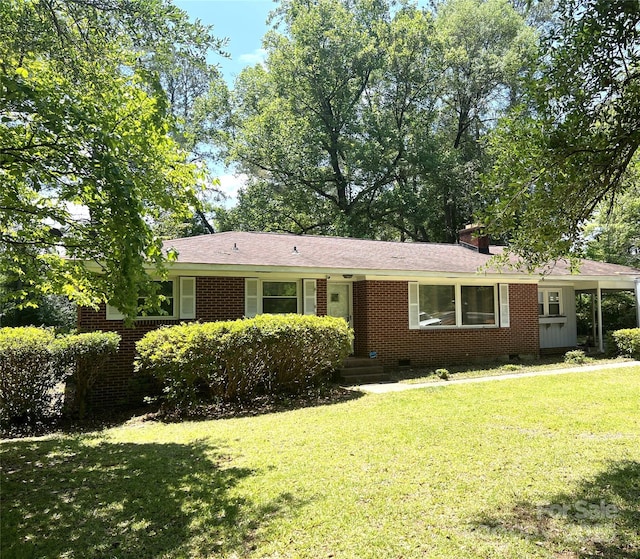 5 Hamden Cir, Cheraw, SC 29520 - ranch-style home with crawl space, a front lawn, brick siding, and a chimney