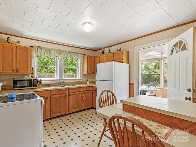 43 Charter Way, Burnsville, NC 28714 - kitchen featuring stainless steel microwave, a sink, stove, freestanding refrigerator, and light countertops