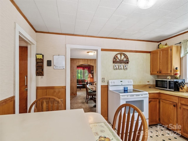43 Charter Way, Burnsville, NC 28714 - kitchen featuring electric range, stainless steel microwave, wainscoting, ornamental molding, and light countertops
