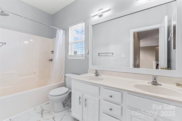 bathroom featuring marble look tile flooring, toilet, double vanity, and shower / bath combo
