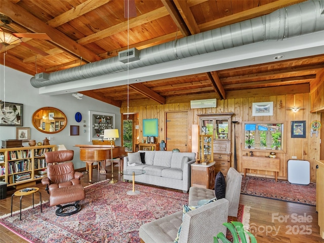 319 Twilight Way, Burnsville, NC 28714 - living area featuring wood-type flooring, beam ceiling, wood ceiling, and wood walls