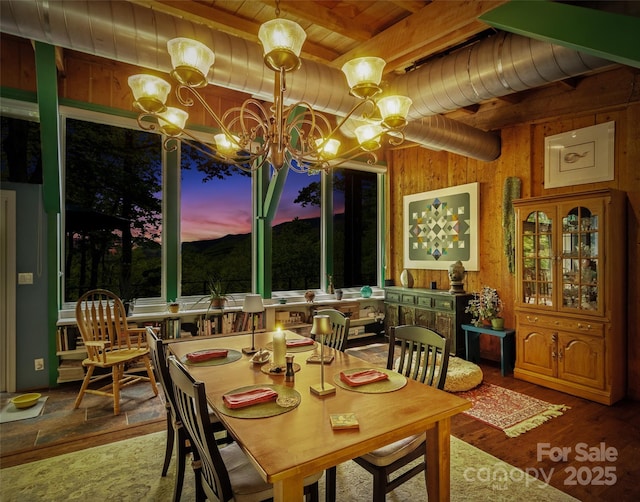 319 Twilight Way, Burnsville, NC 28714 - dining room with a chandelier, wood ceiling, wood walls, beamed ceiling, and wood finished floors