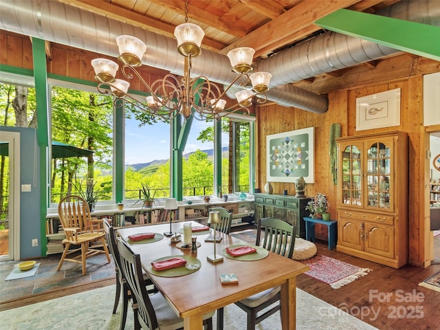 319 Twilight Way, Burnsville, NC 28714 - dining space featuring wood ceiling, a chandelier, wooden walls, beamed ceiling, and wood finished floors