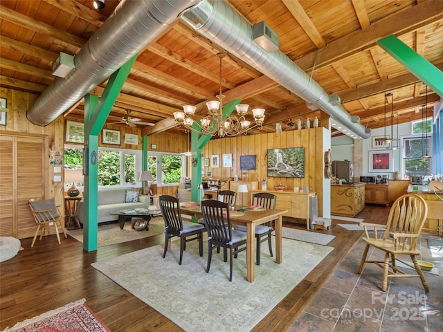 319 Twilight Way, Burnsville, NC 28714 - dining space featuring wooden ceiling, wood walls, hardwood / wood-style floors, healthy amount of natural light, and a chandelier