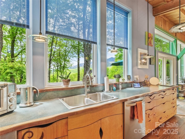 319 Twilight Way, Burnsville, NC 28714 - kitchen featuring a sink, dishwasher, healthy amount of natural light, wood finished floors, and wood ceiling