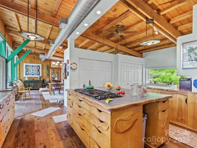 319 Twilight Way, Burnsville, NC 28714 - kitchen with wood ceiling, beam ceiling, wood-type flooring, gas stovetop, and a ceiling fan