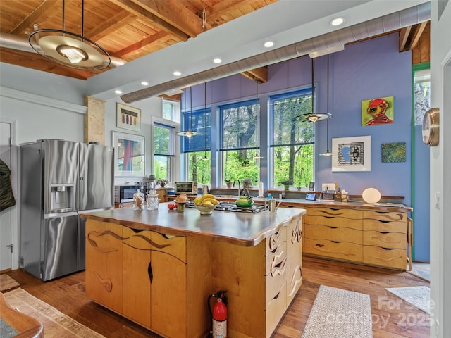 319 Twilight Way, Burnsville, NC 28714 - kitchen with appliances with stainless steel finishes, wooden ceiling, a kitchen island, recessed lighting, and beamed ceiling