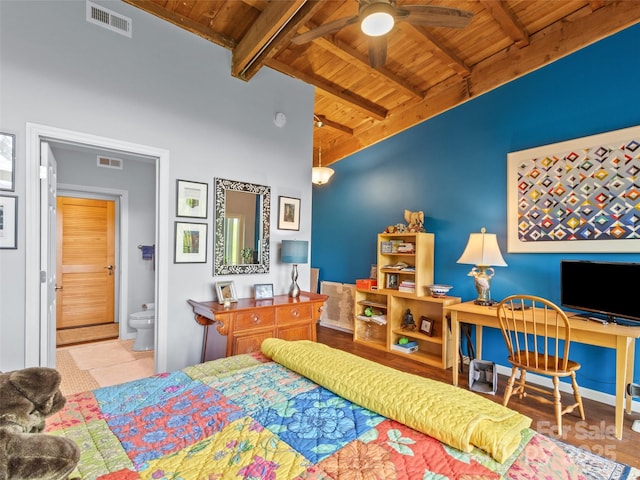 319 Twilight Way, Burnsville, NC 28714 - bedroom featuring wood ceiling, an office area, and ensuite bath
