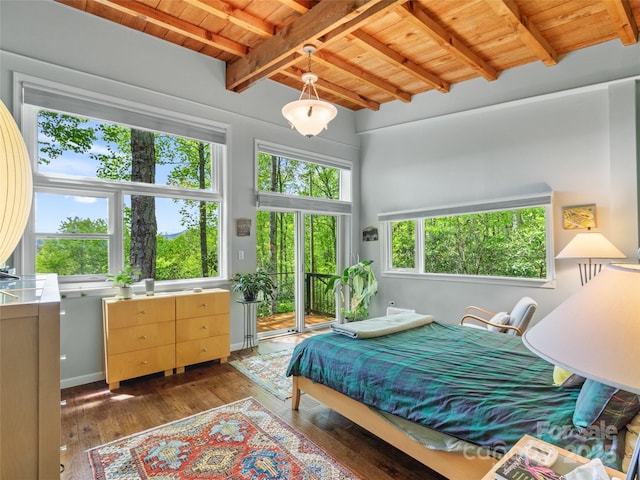319 Twilight Way, Burnsville, NC 28714 - bedroom featuring wooden ceiling, access to exterior, wood-type flooring, and beam ceiling
