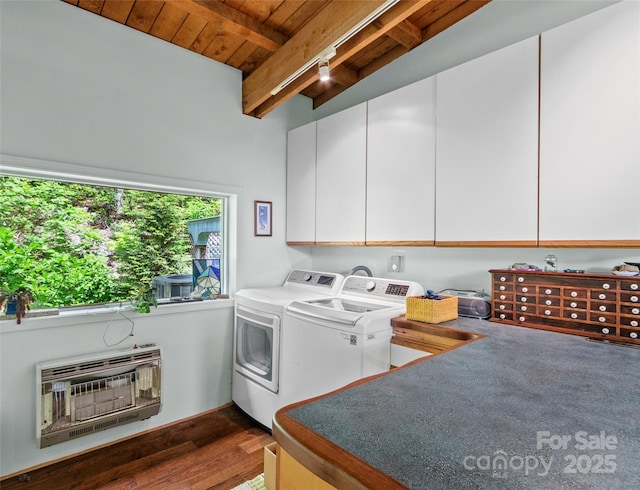 319 Twilight Way, Burnsville, NC 28714 - laundry room with washer and dryer, heating unit, wood ceiling, cabinet space, and wood finished floors