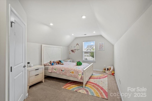 bedroom featuring lofted ceiling, light colored carpet, baseboards, and recessed lighting