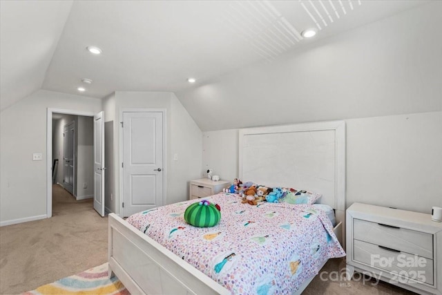 bedroom featuring light carpet, vaulted ceiling, baseboards, and recessed lighting
