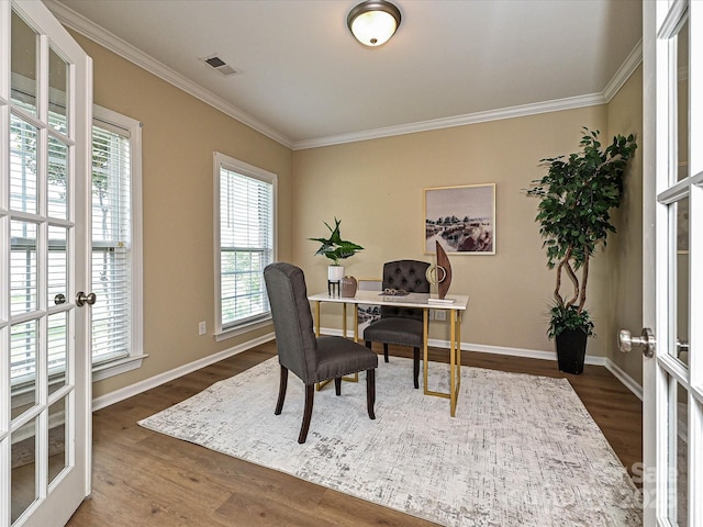 office area with ornamental molding, dark wood-style flooring, french doors, and baseboards
