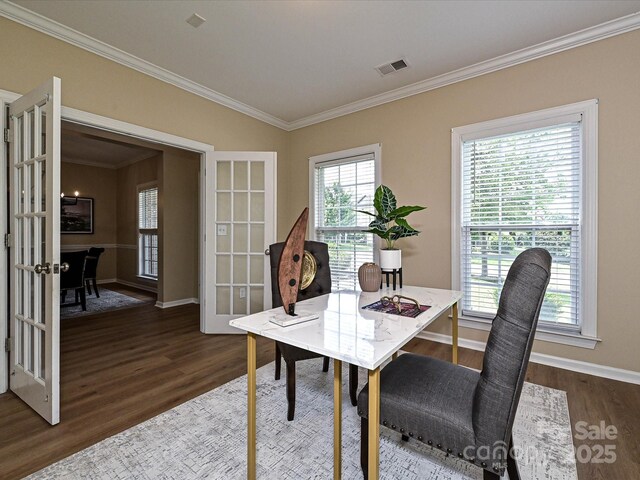 office featuring french doors, crown molding, dark wood finished floors, and baseboards