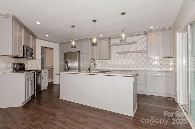 104 Gallarie Pl, Salisbury, NC 28144 - kitchen with stainless steel appliances, backsplash, a sink, an island with sink, and dark wood-style floors