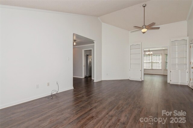 104 Gallarie Pl, Salisbury, NC 28144 - unfurnished living room featuring ceiling fan, a chandelier, ornamental molding, dark wood-style flooring, and baseboards