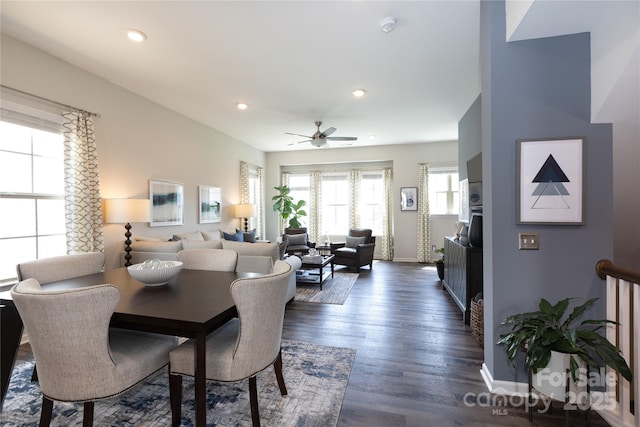 9521 Ainslie Downs St, Charlotte, NC 28273 - dining space featuring a ceiling fan, baseboards, dark wood-type flooring, and recessed lighting