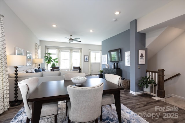 9521 Ainslie Downs St, Charlotte, NC 28273 - dining room featuring wood finished floors, a ceiling fan, baseboards, and recessed lighting