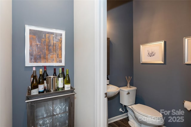 9521 Ainslie Downs St, Charlotte, NC 28273 - bathroom with wood finished floors, toilet, baseboards, and a sink