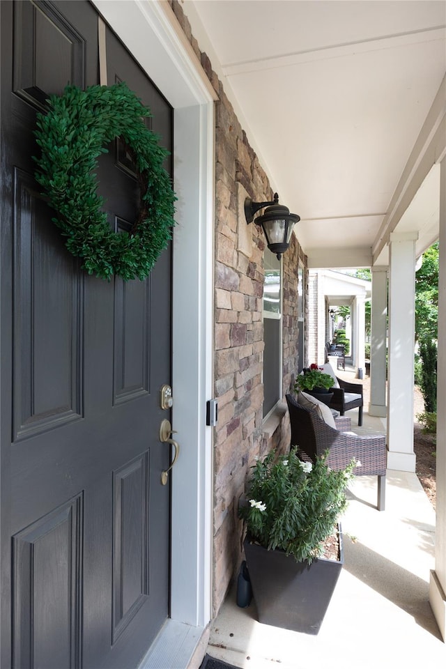 9521 Ainslie Downs St, Charlotte, NC 28273 - property entrance with a porch and stone siding