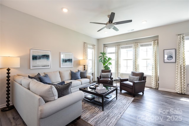 9521 Ainslie Downs St, Charlotte, NC 28273 - living room featuring dark wood-style flooring, baseboards, a ceiling fan, and recessed lighting