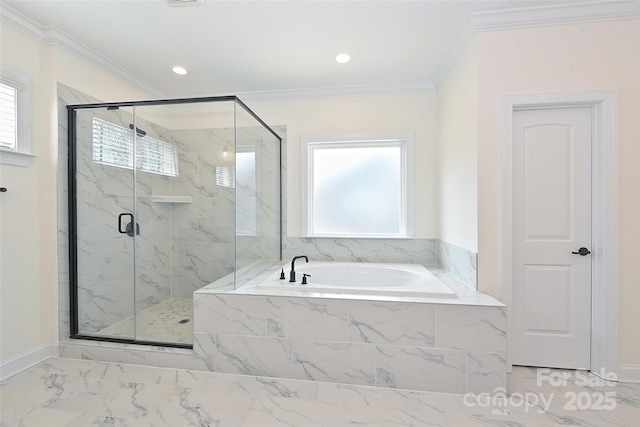 809 Brown Creek Dr, Matthews, NC 28104 - full bath with a garden tub, marble finish floors, a marble finish shower, crown molding, and recessed lighting