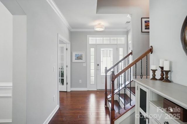 16831 Alydar Commons Ln, Charlotte, NC 28278 - foyer featuring dark wood-type flooring, crown molding, and stairs