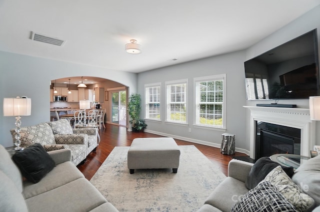 16831 Alydar Commons Ln, Charlotte, NC 28278 - living area featuring arched walkways, dark wood-style flooring, and a glass covered fireplace