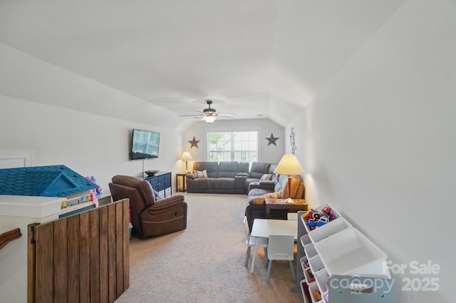 16831 Alydar Commons Ln, Charlotte, NC 28278 - carpeted living area featuring vaulted ceiling and a ceiling fan