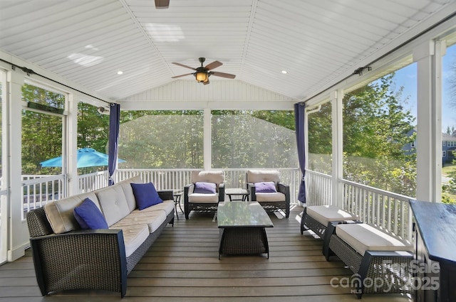 16831 Alydar Commons Ln, Charlotte, NC 28278 - sunroom / solarium featuring an outdoor living space, vaulted ceiling, and a ceiling fan