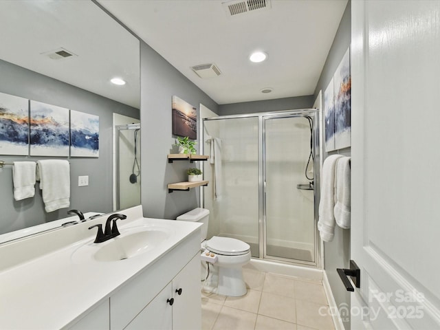 bathroom featuring tile patterned flooring, a stall shower, toilet, vanity, and recessed lighting