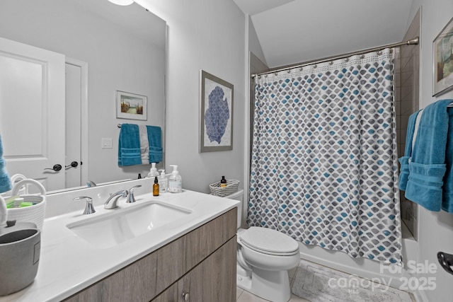 full bath with toilet, vanity, tile patterned flooring, and shower / bath combination with curtain