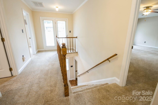 16612 Grapperhall Dr, Huntersville, NC 28078 - staircase featuring carpet, ornamental molding, baseboards, and ceiling fan