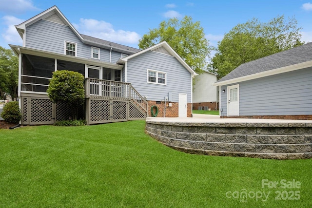 16612 Grapperhall Dr, Huntersville, NC 28078 - rear view of house featuring a sunroom, a yard, and stairs
