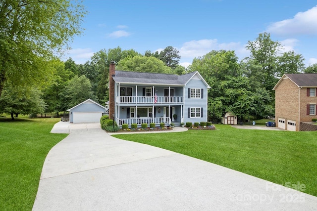 16612 Grapperhall Dr, Huntersville, NC 28078 - colonial inspired home featuring a porch, an outdoor structure, a chimney, and a front lawn