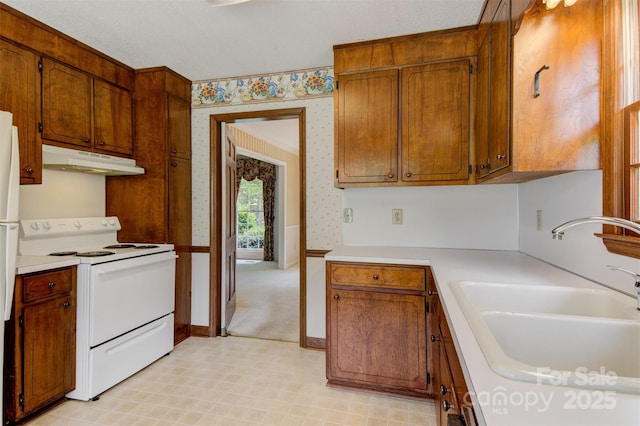 1940 12th St NE, Hickory, NC 28601 - kitchen with electric range, under cabinet range hood, a sink, wallpapered walls, and light countertops