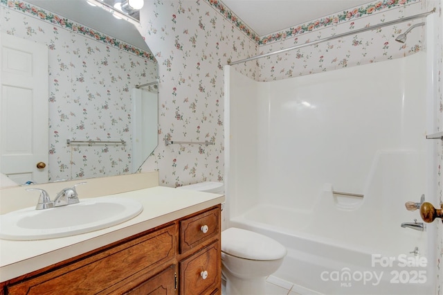 1940 12th St NE, Hickory, NC 28601 - bathroom featuring wallpapered walls, shower / bathtub combination, vanity, and toilet