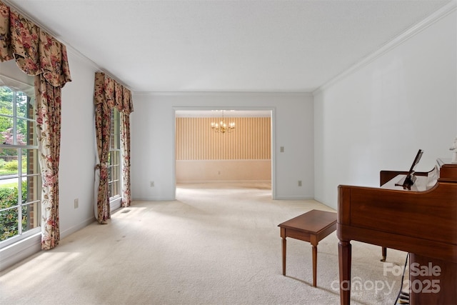 1940 12th St NE, Hickory, NC 28601 - living area featuring a chandelier, ornamental molding, carpet floors, and baseboards