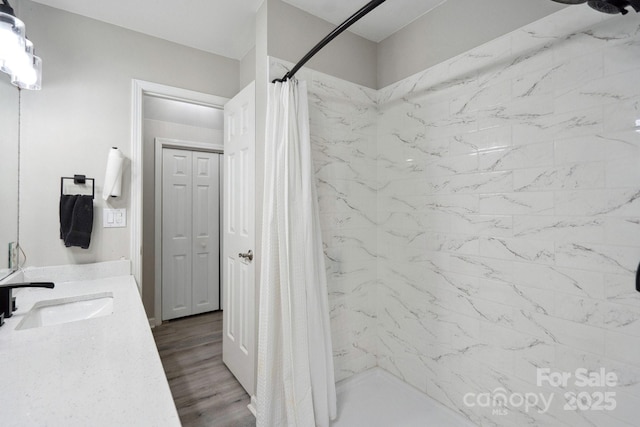 4516 Kiser Island Rd Unit 1, Terrell, NC 28682 - bathroom with a stall shower, vanity, and wood finished floors