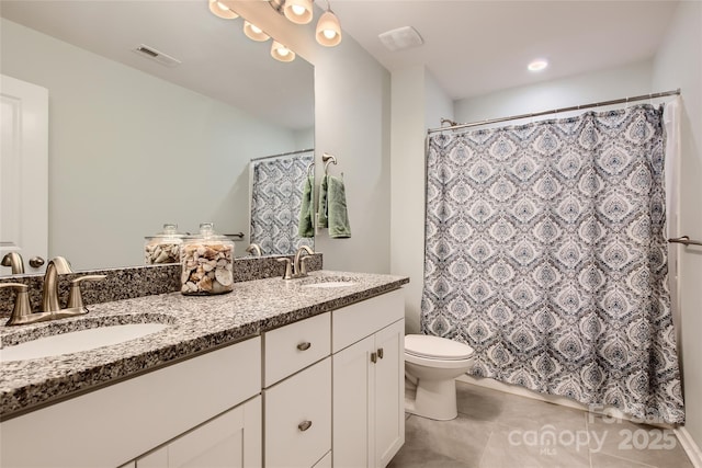full bath featuring toilet, double vanity, tile patterned floors, a shower with curtain, and recessed lighting