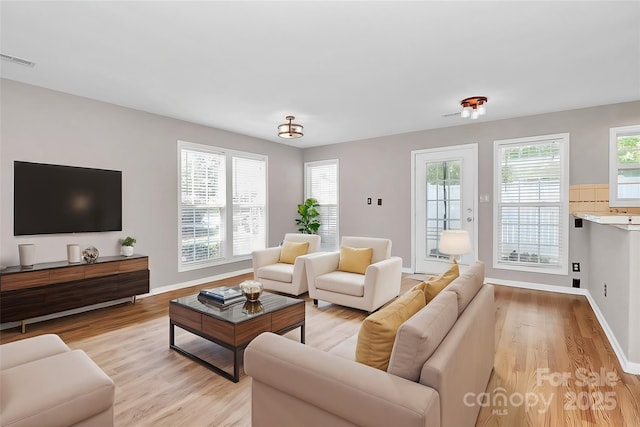 living area with light wood finished floors and baseboards
