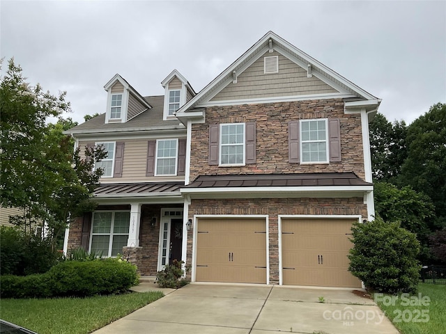 10817 Bere Island Dr, Charlotte, NC 28278 - view of front of house with stone siding, a garage, concrete driveway, a standing seam roof, and metal roof