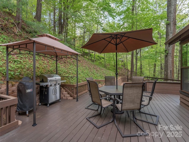 14 Bellewood Dr, Maggie Valley, NC 28751 - wooden terrace featuring a grill, outdoor dining space, and a gazebo
